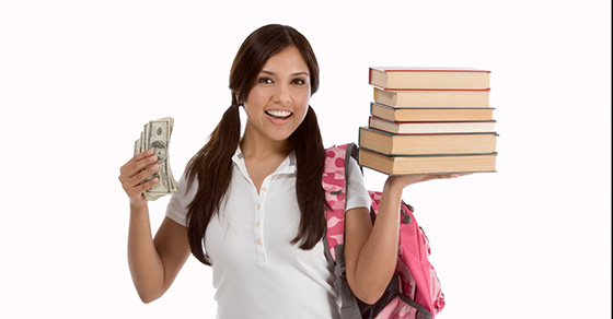 happy person carrying books and money
